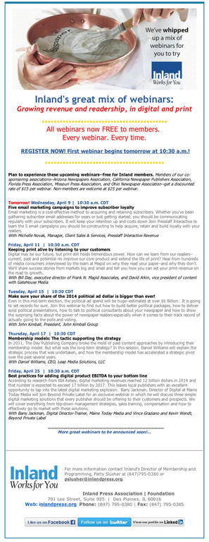 Before: Inland primary method of communicating with its members about the training webinars and conferences it provides is via email blasts. These emails were too long, and used confusing (and off-point) visuals and a chaotic mix of typography.