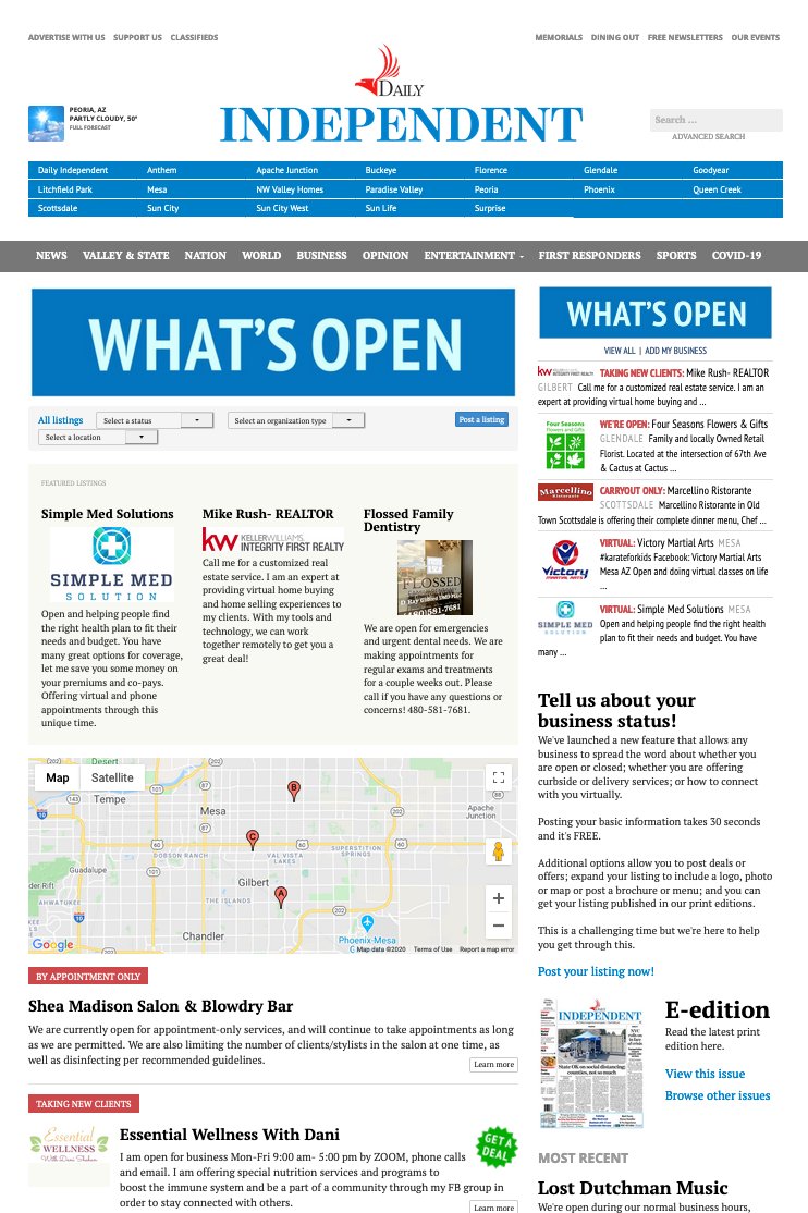 What's Open is a self-service web app that small businesses can use to spread the word about their status during an emergency such as the Covid-19 pandemic.